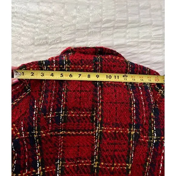 Red Tweed Style Open Front Jacket-Gold Button Detail Bouclé Knit Blazer |Medium - Picture 6 of 12